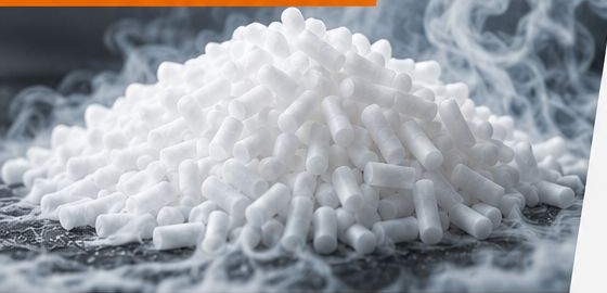 Trockeneis-Pellets als Schüttung, aus der Kohlendioxid-Nebel aufsteigt