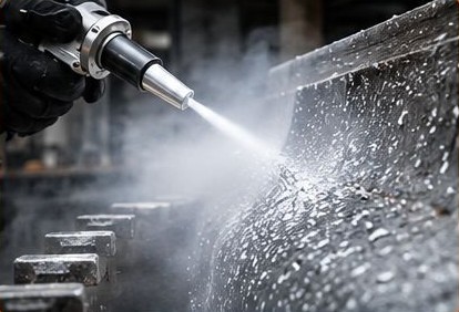 Trockeneisstrahlen an einer Werkzeugform: Der Strahl löst Verschmutzungen von der Metalloberfläche